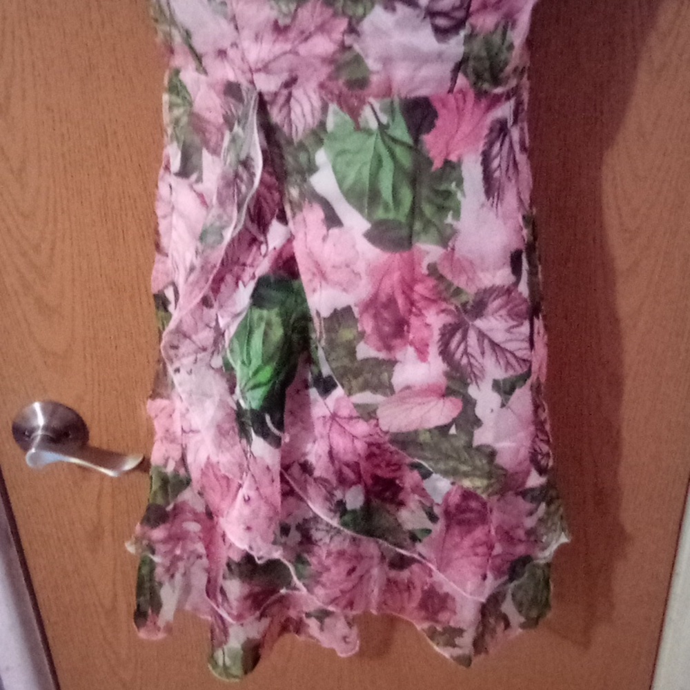 Floral Puff Sleeve‎ Mini Dress Pink Green Sweetheart Neck Ruffle Hem Tiered L - Picture 4 of 10